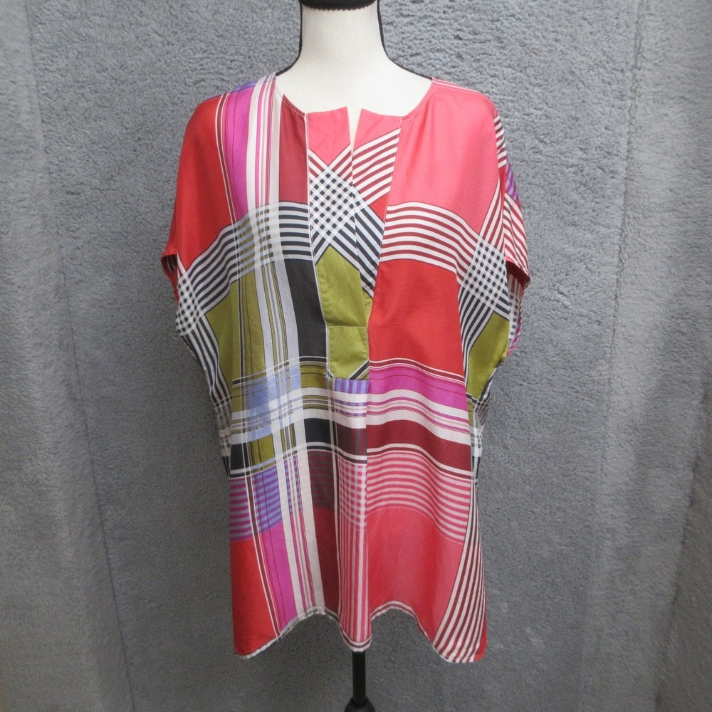 St John 100% Silk Tunic Shirt Womens M Pink Multicolor Plaid Bold Vibrant Resort